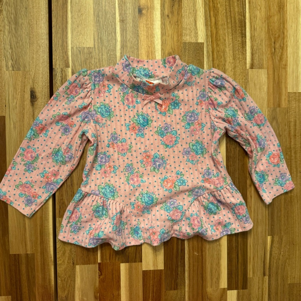 Vintage McKids Girls Pink Floral Polka Dot‎ Peplum Top Mock Neck Made in USA 2T